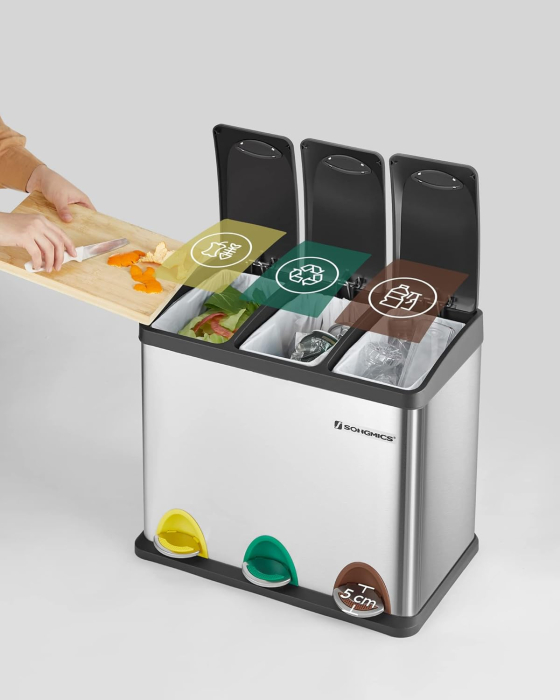 Cos de gunoi din inox cu 3 compartimente colectare selectiva, cu galeti interioare, 3x8litri, argintiu si negru [3]