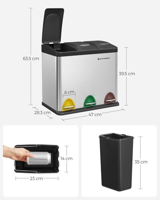 Cos de gunoi din inox cu 3 compartimente colectare selectiva, cu galeti interioare, 3x8litri, argintiu si negru [5]