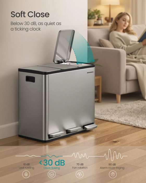 Cos de gunoi din inox cu 3 compartimente colectare selectiva, cu galeti interioare, inchidere lenta, 3x18 litri, gri argintiu [5]