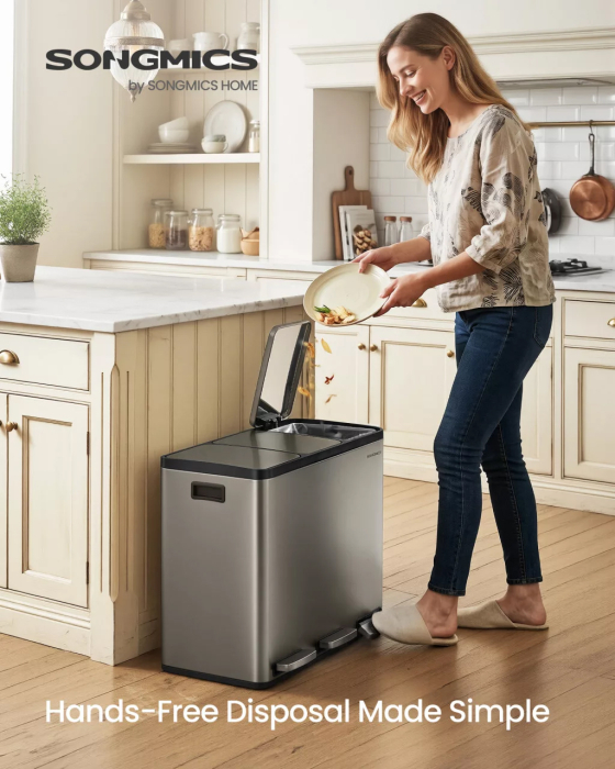 Cos de gunoi din inox cu 3 compartimente colectare selectiva, cu galeti interioare, inchidere lenta, 3x18 litri, gri argintiu [2]