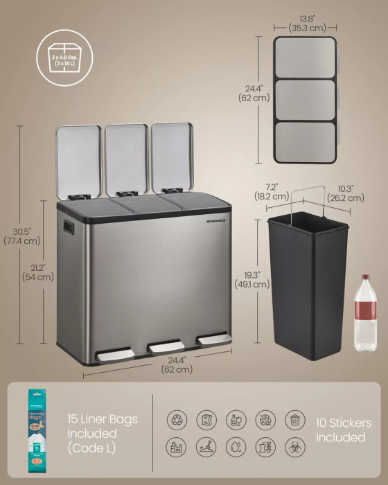 Cos de gunoi din inox cu 3 compartimente colectare selectiva, cu galeti interioare, inchidere lenta, 3x18 litri, gri argintiu [7]