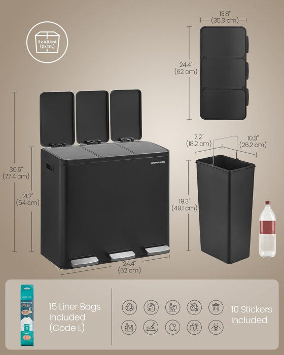Cos de gunoi din inox cu 3 compartimente colectare selectiva, cu galeti interioare, inchidere lenta, 3x18 litri, negru [3]