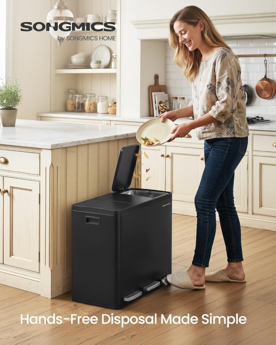 Cos de gunoi din inox cu 3 compartimente colectare selectiva, cu galeti interioare, inchidere lenta, 3x18 litri, negru [8]