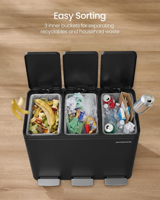 Cos de gunoi din inox cu 3 compartimente colectare selectiva, cu galeti interioare, inchidere lenta, 3x18 litri, negru [7]