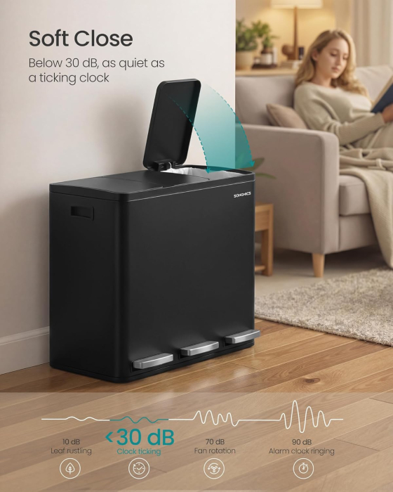 Cos de gunoi din inox cu 3 compartimente colectare selectiva, cu galeti interioare, inchidere lenta, 3x18 litri, negru [4]