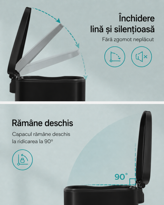 Cos de gunoi din inox cu pedala, capac soft close si galeata interioara detasabila, 50 litri, 43x37x63 cm, negru [3]