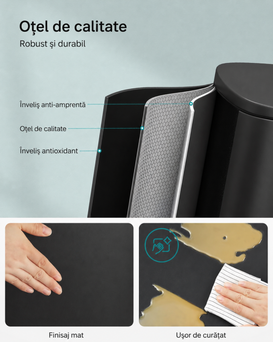 Cos de gunoi din inox cu pedala, capac soft close si galeata interioara detasabila, 50 litri, 43x37x63 cm, negru [4]