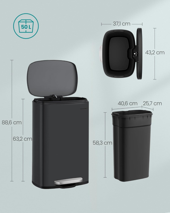 Cos de gunoi din inox cu pedala, capac soft close si galeata interioara detasabila, 50 litri, 43x37x63 cm, negru [2]