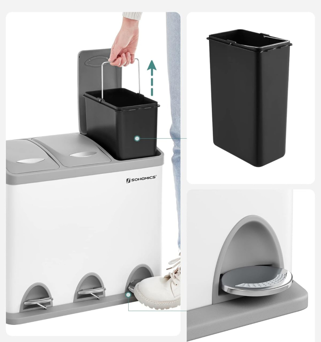 Cos gunoi otel 3 compartimente colectare selectiva, pedale colorate, galeti interioare detasabile, 3x8L, alb si gri [12]