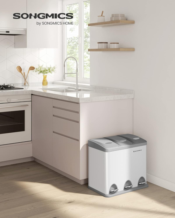 Cos gunoi otel 3 compartimente colectare selectiva, pedale colorate, galeti interioare detasabile, 3x8L, alb si gri [10]