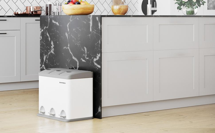 Cos gunoi otel 3 compartimente colectare selectiva, pedale colorate, galeti interioare detasabile, 3x8L, alb si gri [3]