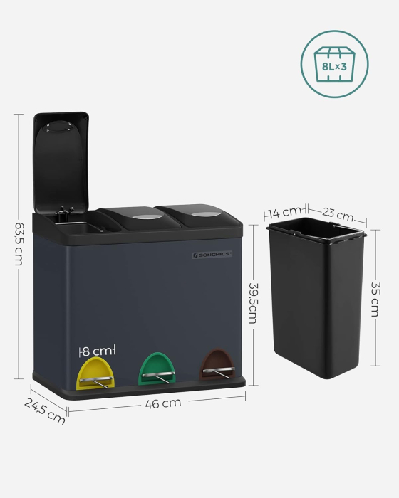 Cos de gunoi din otel cu 3 compartimente colectare selectiva, cu galeti interioare, 3x8litri, negru [5]