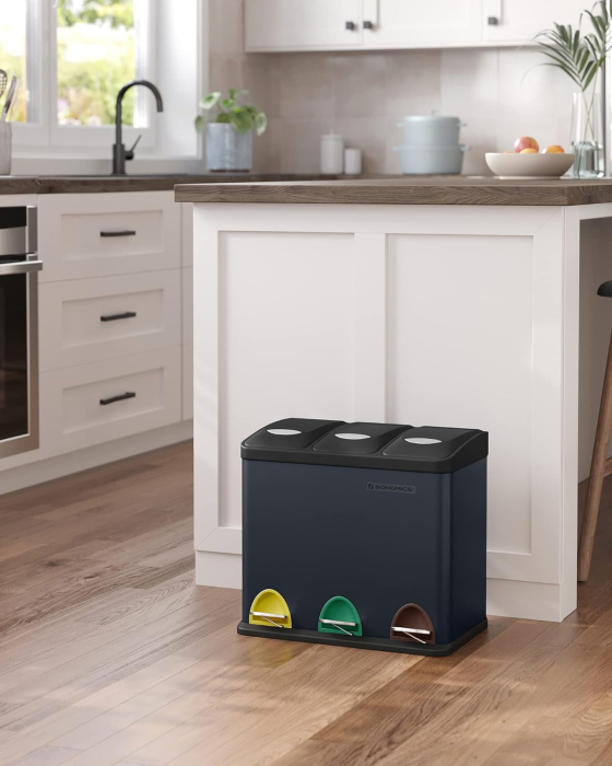 Cos de gunoi din otel cu 3 compartimente colectare selectiva, cu galeti interioare, 3x8litri, negru [8]