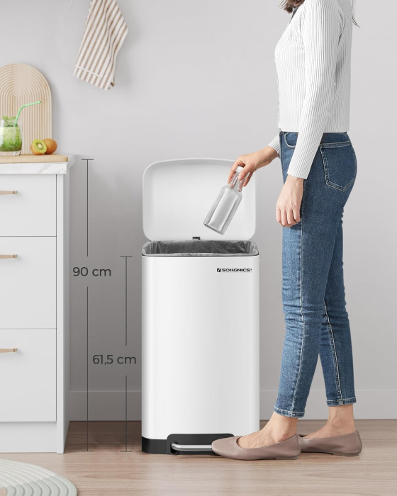 SONGMICS Cos de gunoi din otel cu pedala, 30litri, cu galeata interioara si capac, soft close, 34x61x32cm, alb [7]
