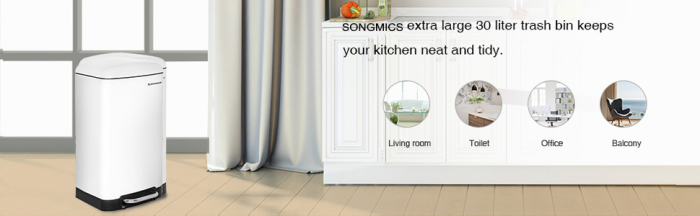 SONGMICS Cos de gunoi din otel cu pedala, 30litri, cu galeata interioara si capac, soft close, 34x61x32cm, alb [9]
