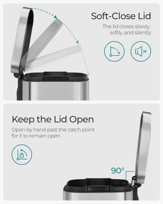 SONGMICS Cos de gunoi din otel cu pedala, galeata interioara plastic, capac inchidere lenta, 30L, 35x30x63cm, argintiu [6]