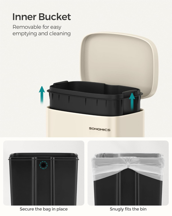 Cos de gunoi din otel cu pedala, galeata interioara plastic, capac inchidere lenta, 30L, 35x30x63cm, bej [5]