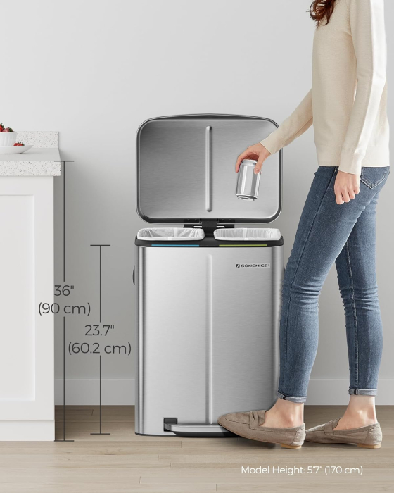 Cos de gunoi dublu colectare selectiva 2x20L, cu pedale si capac soft close, galeata interioara, otel, 45x58x32 cm, argintiu [4]