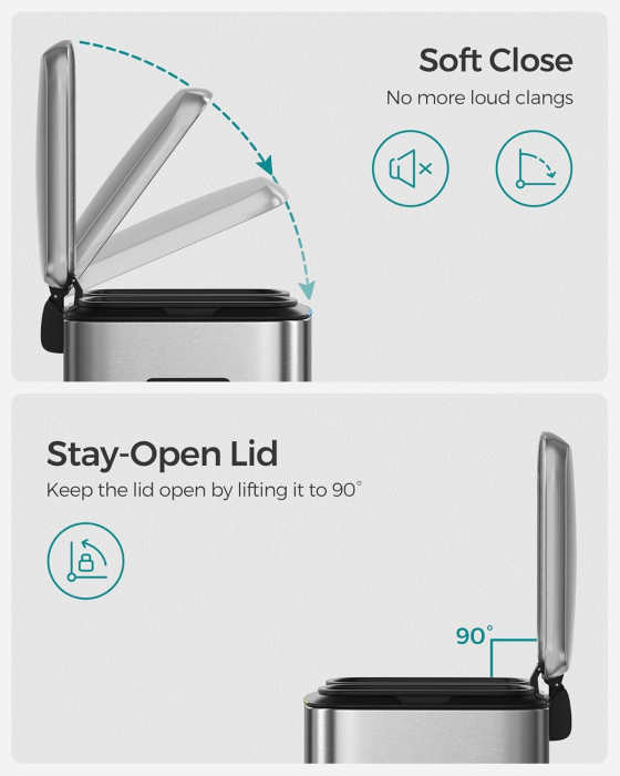 Cos de gunoi dublu colectare selectiva 2x20L, cu pedale si capac soft close, galeata interioara, otel, 45x58x32 cm, argintiu [3]