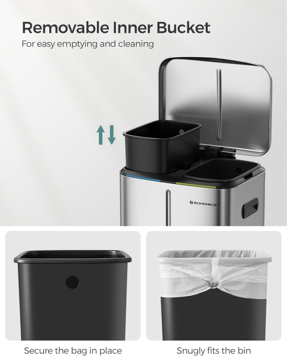 Cos de gunoi dublu colectare selectiva 2x20L, cu pedale si capac soft close, galeata interioara, otel, 45x58x32 cm, argintiu [6]