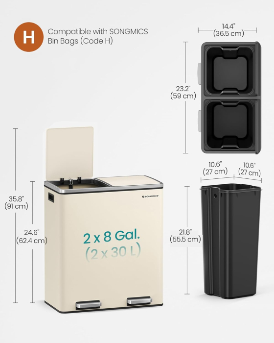 Cos de gunoi dublu colectare selectiva, 2x30L, cu pedale si capac soft close, galeata interioara, otel, 62x59x36 cm, crem [6]