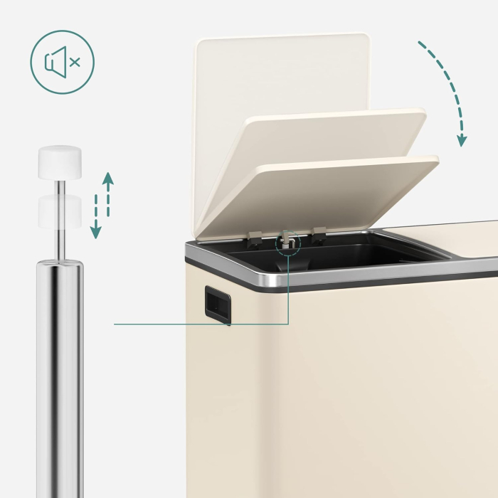 Cos de gunoi dublu colectare selectiva, 2x30L, cu pedale si capac soft close, galeata interioara, otel, 62x59x36 cm, crem [2]