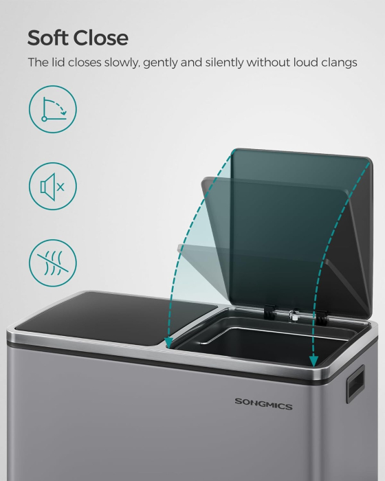 Cos de gunoi dublu colectare selectiva, 2x30L, cu pedale si capac soft close, galeata interioara, otel, 62x59x36 cm, gri [7]