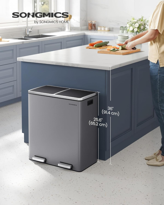 Cos de gunoi dublu colectare selectiva, 2x30L, cu pedale si capac soft close, galeata interioara, otel, 62x59x36 cm, gri [6]