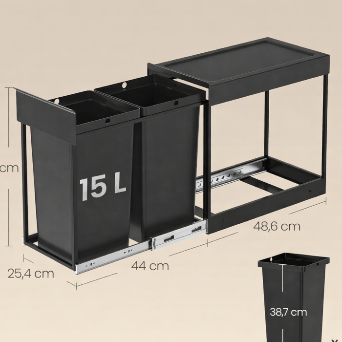 Cos de gunoi incorporabil in mobila, cu 2 compartimente 2x15L, cadru metalic extensibil, 48x25x44 cm, negru [5]