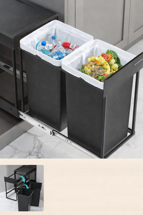 Cos de gunoi incorporabil in mobila, cu 2 compartimente 2x15L, cadru metalic extensibil, 48x25x44 cm, negru [3]