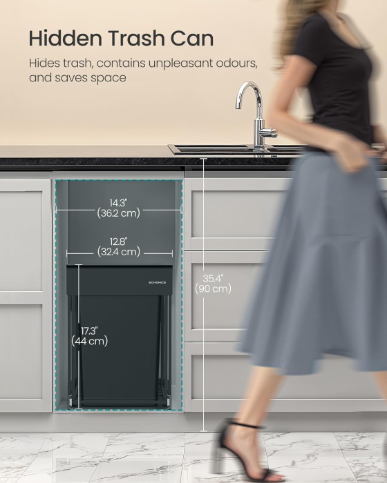 SONGMICS Cos de gunoi incorporabil pentru dulap bucatarie, 2 x 20 L, sistem pull-out, cadru metalic si capac ABS, 49x32x44 cm, negru [5]