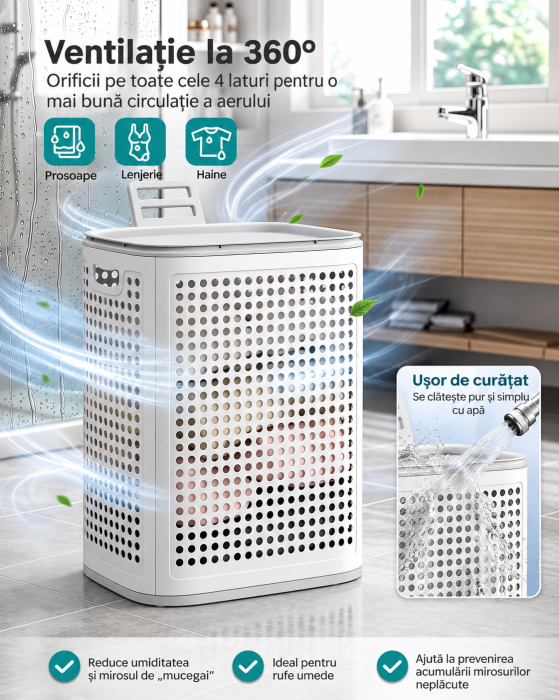 Cos de rufe 75 L pentru spatii mici, design ingust cu capac, ventilatie pentru circulatia aerului, 43x33x57 cm, alb [2]