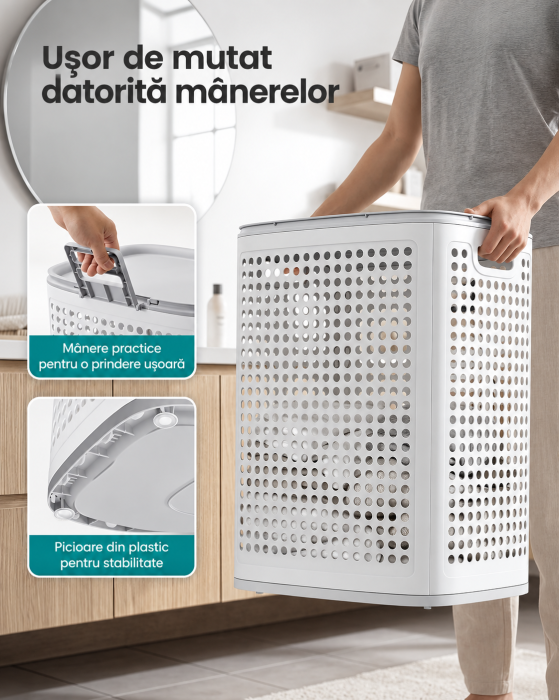 Cos de rufe 75 L pentru spatii mici, design ingust cu capac, ventilatie pentru circulatia aerului, 43x33x57 cm, alb [6]