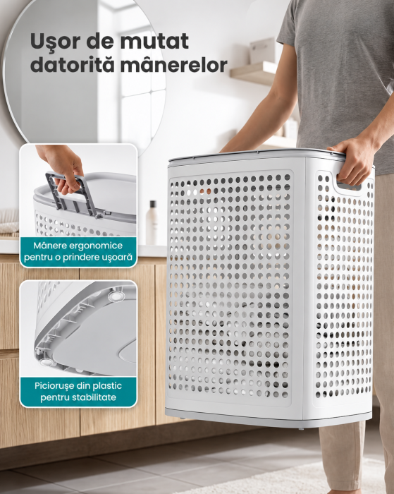 Cos de rufe 75 L pentru spatii mici, design ingust cu capac, ventilatie pentru circulatia aerului, 43x33x57 cm, alb [3]