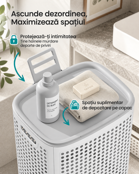 Cos de rufe 75 L pentru spatii mici, design ingust cu capac, ventilatie pentru circulatia aerului, 43x33x57 cm, alb [5]