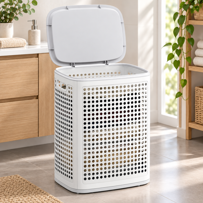 Cos de rufe 75 L pentru spatii mici, design ingust cu capac, ventilatie pentru circulatia aerului, 43x33x57 cm, alb [7]