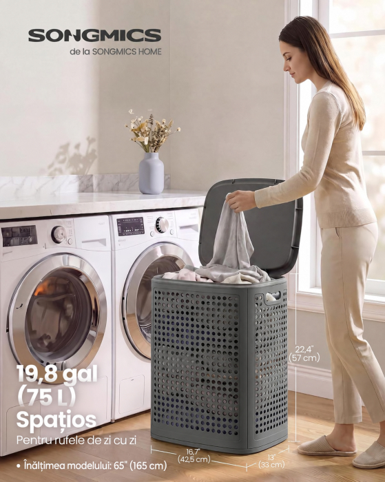 Cos de rufe 75 L pentru spatii mici, design ingust cu capac, ventilatie pentru circulatia aerului, 43x33x57 cm, gri inchis [3]