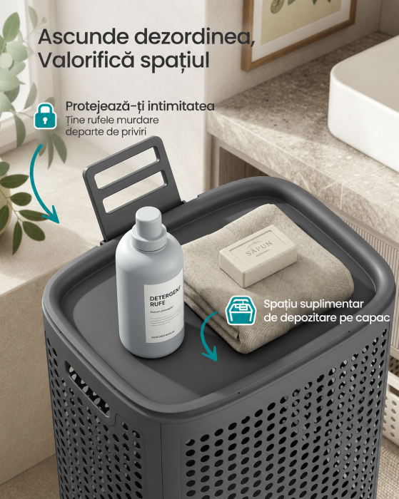 Cos de rufe 75 L pentru spatii mici, design ingust cu capac, ventilatie pentru circulatia aerului, 43x33x57 cm, gri inchis [6]