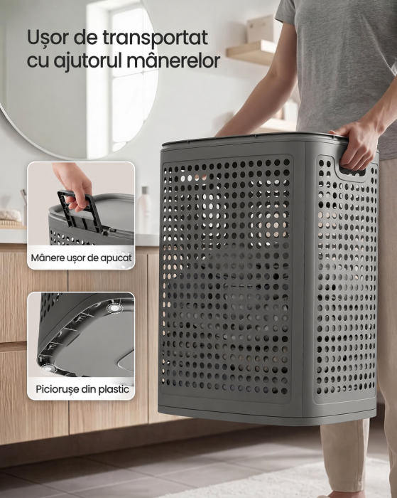 Cos de rufe 75 L pentru spatii mici, design ingust cu capac, ventilatie pentru circulatia aerului, 43x33x57 cm, gri inchis [5]