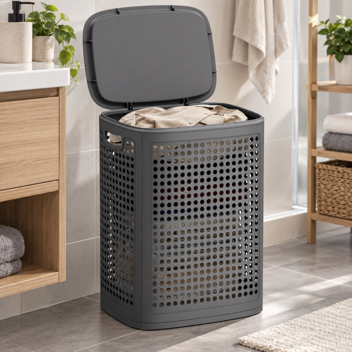Cos de rufe 75 L pentru spatii mici, design ingust cu capac, ventilatie pentru circulatia aerului, 43x33x57 cm, gri inchis [7]