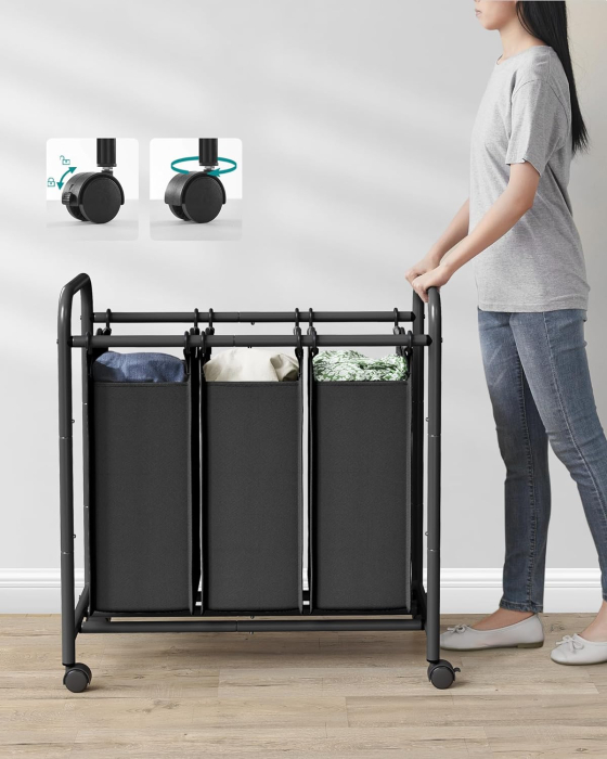 SONGMICS Cos de rufe cu 3 saci detasabili, structura metalica pe roti, 3x44L, 77x41x82cm, negru [5]