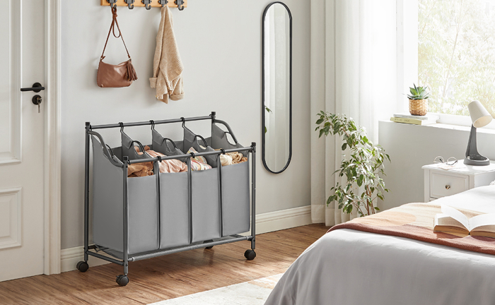 SONGMICS Cos de rufe cu 4 saci detasabili, structura metalica pe roti, 4x35L, 87x38x81cm, gri [3]