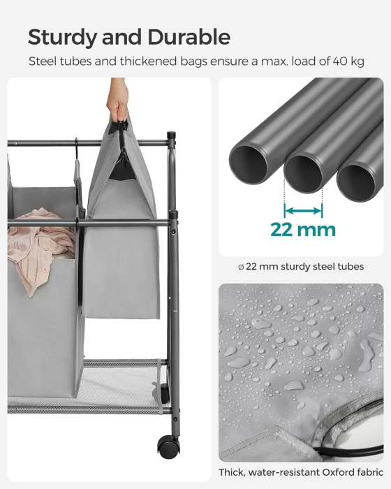 SONGMICS Cos de rufe cu 4 saci detasabili, structura metalica pe roti, 4x35L, 87x38x81cm, gri [10]