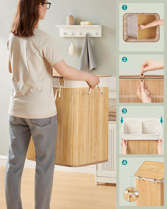 Cos de rufe cu capac, 2 compartimente, bambus, 120 l, pliabil, sac textil detasabil, 50x40x61 cm, maro natur [4]