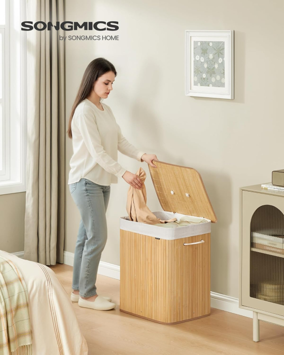 Cos de rufe cu capac, 2 compartimente, bambus, 120 l, pliabil, sac textil detasabil, 50x40x61 cm, maro natur [2]