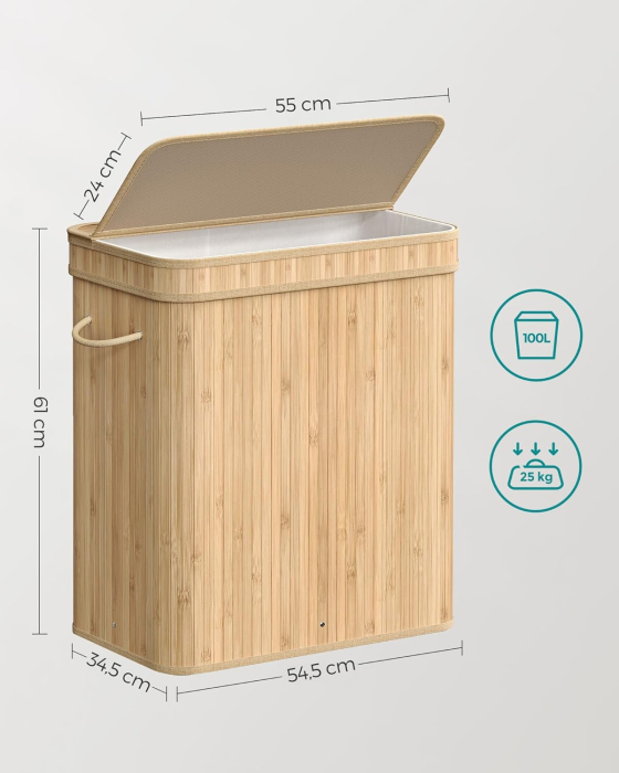 Cos rufe bambus cu capac 100L, sac interior detasabil lavabil, pliabil, manere laterale, 55x35x61 cm, bej natur [8]