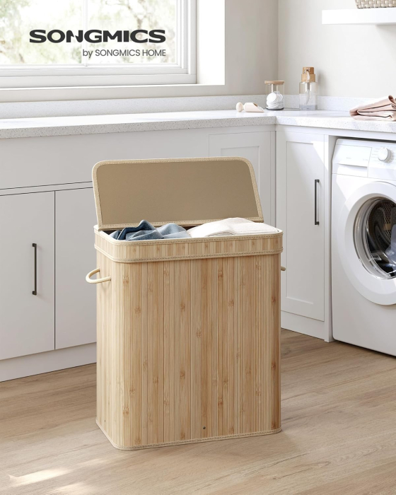 Cos rufe bambus cu capac 100L, sac interior detasabil lavabil, pliabil, manere laterale, 55x35x61 cm, bej natur [10]
