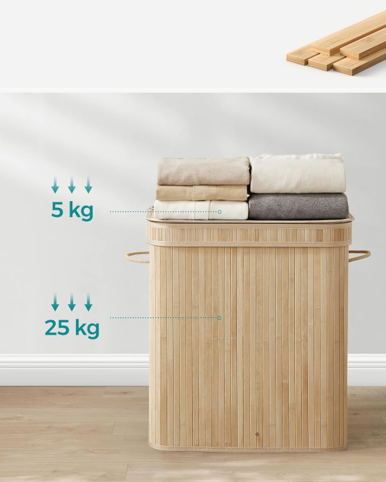 Cos rufe bambus cu capac 100L, sac interior detasabil lavabil, pliabil, manere laterale, 55x35x61 cm, bej natur [5]