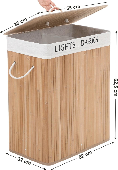 SONGMICS Cos de rufe din bambus cu capac, 2 compartimente, sac detasabil, volum 100L, 52x32x62cm, maro [4]