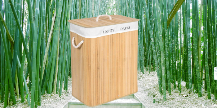 SONGMICS Cos de rufe din bambus cu capac, 2 compartimente, sac detasabil, volum 100L, 52x32x62cm, maro [11]